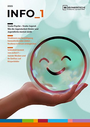 Titelbild des aktuellen info. Eine Hand hält eine Glaskugel, auf der ein lachender Smiley zu sehen ist