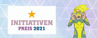 Logo Initiativen-Preis neben einer rufenden Comicfigur