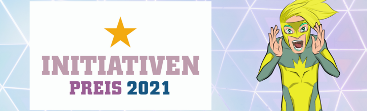 Logo Initiativen-Preis neben einer rufenden Comicfigur