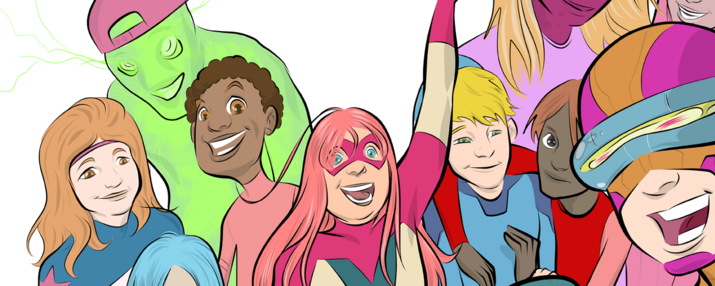 Comic: verschiedene Jugendliche mit Superheld*in
