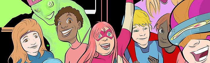 Comic: verschiedene Jugendliche mit Superheld*in