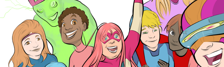 Comic: verschiedene Jugendliche mit Superheld*in