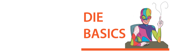 Logo der Veranstaltungsreihe mit großer Schrift "Die Basics" daneben sitzt eine bunte Figur, die den Zeigefinger in die Höhe reckt. 