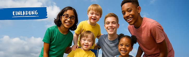sechs diverse Kinder lachen vor einem blaune Himmel